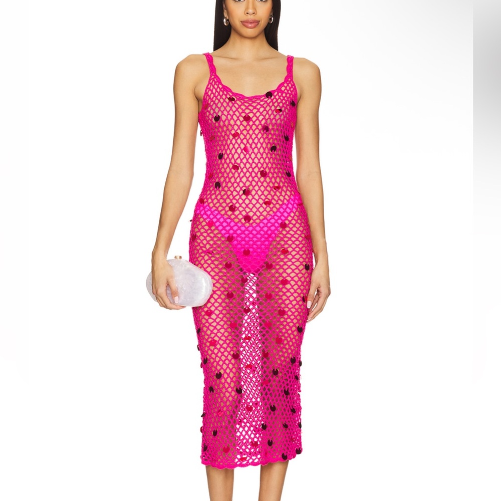 More To Come Adelida Crochet Sequin Sheer Midi Dress in Pink size large NEW